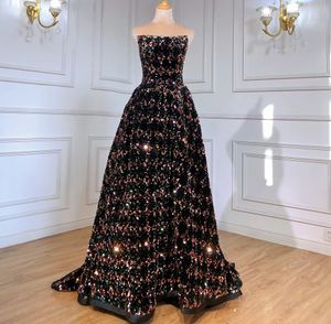 2024 Lüks Siyah Altın Gece Straplez Dantel Up payetler boncuklar A-line kadın balo resmi elbiseler robe de soiree