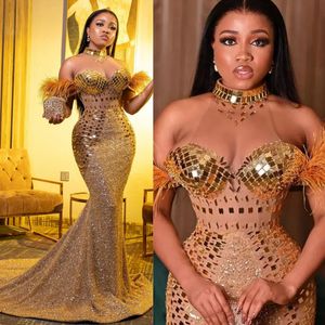 Gold African Nijerya Balo Elbiseleri Halter Aynası Papalı Denizkızı Akşam Resmi Elbise Elegant Doğum Günü Partisi Özel Durumlar Gala Elbise Am201