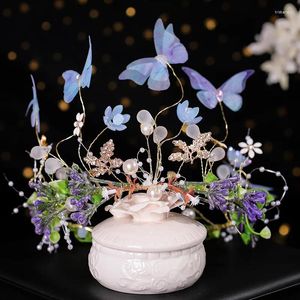 Hair Clips Fashion Blue Pink Butterfly Wedding Bridal Headbands Pearls Flower Women Hairbands Handmade Accessories Jewelry