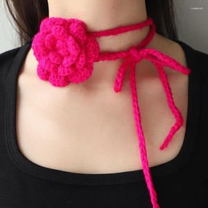 Choker 2024 Spring Summer Sweet Cool Pink Flower Necklace Handmade Knit Blossom For Women Lady Harajuku Fashion Jewelry