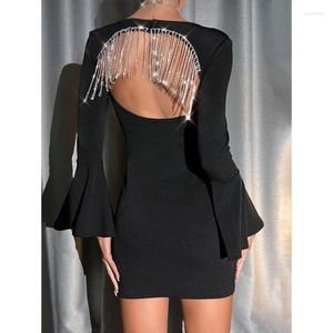 Casual Dresses Women's Long Sleeve Rhinestone Tassel Design Sexy Evening Dress Temperament Commuting Female Hollowed Out Backless Party