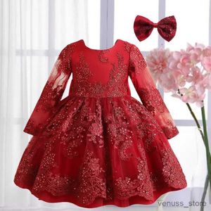 Kız Elbiseleri 1-5 YRS Toddler Kız Elbise Sonbahar Sequin Çiçek Uzun Kollu Tutu Elbise Bebek Kırmızı Noel Yay Kostüm Bebek İlk Doğum Günü kıyafetleri