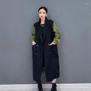 Women's Trench Coats Korean Elegant Notched Collar Coat Colorblocked Windbreaker For Female Autumn Winter Long Jacket Clothing Cardigan