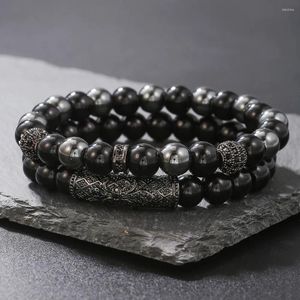 Strand 8mm Black Bead Bracelet For Men Frosted Stone Micro Inlaid Zircon Natural Set Elastic Jewelry