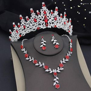 Комплект серег-ожерелья серебряного цвета с красной короной и диадемами с цветочным узором, блестящие наборы для свадебной свадьбы