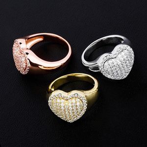 18K White Gold Bling Heart Love Cubic Zirconia Womens Rings Iced Out Diamond Wedding Engagement Band Ring Hip Hop Jewelry Gifts fo283g