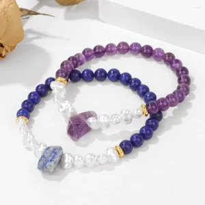 Strand Irregular Raw Stone Charm Bracelet Freshwater Pearl Stretch Bangle Natural Amethysts Lapis Lazuli Mineral Bead