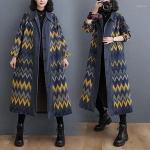Women's Trench Coats Vintage Wash Large Size Denim Windbreaker Autumn 2023 Trendy Printed Single Breasted Casual Loose Jeans Long Coat Z3037