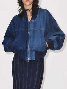 Kadın Ceketleri Günlük Kontrast Denim Bombacı Kadınlar V Boyun Uzun Kollu Zip-Up Ceket Katlar Sokak Giyim Vintage Outerwear Lady