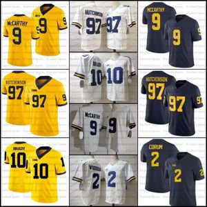 College Michigan Woerines 9 JJ Mccarthy Jersey CORUM 2 Woodson Edwards Tom Brady Aidan Hutchinson Football Yellow Blue White Mens stitched 10 2 97 9 7