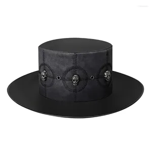 Berets Punk Style PU Leather Top Jazz Hat For Men Skull Decoration Flat Fedoras Cosplay Magic Party Cylinder Caps