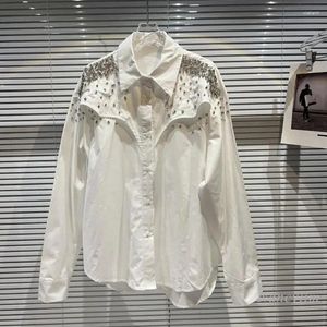 Women's Blouses 2024 Spring Autumn Heavy-Duty Shoulder Large Particle Rhinestone Beaded Long-Sleeved Shirt Fashion White Blouse Tops