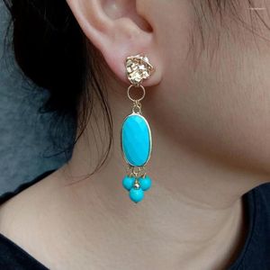 Stud Earrings KKGEM Gold Plated 13x22mm Blue Turquoise Dangle Boho Nice Gift For Women