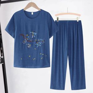 Women's Two Piece Pants Women Outfit Set Elastic Waist Tree Branch Print Short Sleeve Casual Loose Lady Summer Tops Beach Outfits Daily Wear