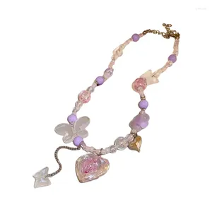 Choker Y4QE Heart Butterfly Pendant Necklace For Women Acrylic Beaded Clavicle Chain