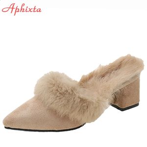 Aphixta Sıcak Tavşan Saç İzleyicileri Kadın Ayakkabılar Kış Kış Ayak Tip Gerçek Kürk Heel Lady Mujer Kapalı Slaytlar 231219