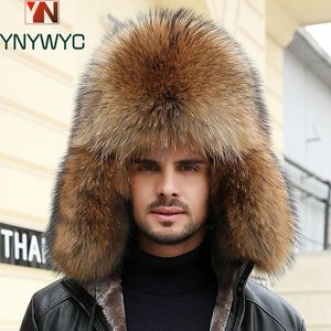 Trapper Hats Real Fur 100 Skin Russian Businessmen Pilot Bombers Full Mao Men's hat Ushanka Winter Ear Guard Hat Raccoon Beanie 231218