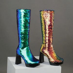 Голубые женщины зеленые 949 Sier Conting Platform Square High Heel Ladies Talf Sequin Clate Clound Toe Women's Boots 231219