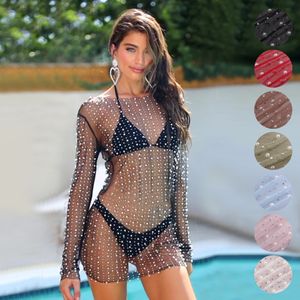 Dames Sexy See Through Mesh Jurk Dames Diamanten Parel Lange Mouw 2023 Zomer Sexy Bodycon Jurken Club Party Beach Cover Up Y2K Kleding