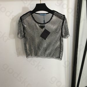 Rhinestone Hollow Serin Gömlek Kadın Moda İnce Kısa Kollu Tişört Üstler Tasarımcı Glitter Gevşek Bluz