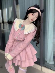 Sıradan elbiseler kış zarif tatlı prenses elbise kadın bebek yaka çarpışma ekleme kısa ceket kabarık pembe takım elbise Kore moda