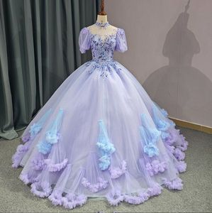 Lilás lavanda princesa quinceanera vestidos de luxo cristal babados clound doce 15 vestidos de baile debutante rendas