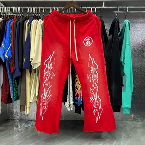 Erkek kot hellstar stüdyo kırmızı parlama pantolon yüksek sokak patchwork spor gündelik pantolon alevli pantolon şort ter kadın pantolon çift gevşek