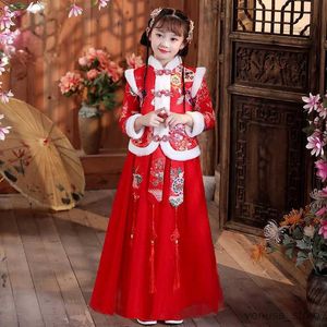 Kız Elbiseleri Kızların Hanfu Yeni Yıl Giyim Çocukları Sıcak Cheongsam Çin Tang Takım Kuyu Kış Kış artı Kadife Sevimli Nakış Parti Elbise