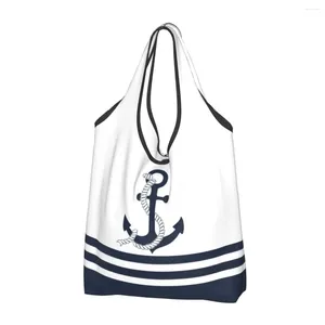 Alışveriş Çantaları Baskılı Deniz Mavi Ankrajları ve Beyaz Çizgiler Tote Torot Taşınabilir Omuz Alışveriş Sailing Sailor Çanta