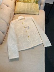 2023 Sonbahar Fildişi Düz Renkli Tüvit Ceket Uzun Kollu Yuvarlak Boyun Sequins Tek Göğüs Ceketleri Ceket