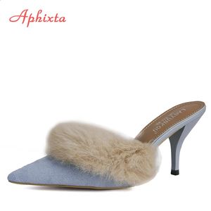 Aphixta yumuşak gerçek tavşan kürk peluş sivri uçlu kadın terlikleri 6cm/8cm ince topuklu ayakkabılar düz topuk saç slaytları 231219