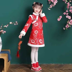 Kız Elbiseleri Yeni Hanfu Kızlar Kış Velvet Yastıklı Çocuk Elbisesi 3-12 Yaşındaki Kızlar Prenses Elbise Noel Elbise Çin Yeni Yıl Bezi