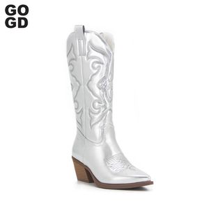 341 Cowboy Cowgirl Gogd Pembesi Kadınlar İçin Moda Zip İşlemeli Noktalı Ayak Tepeli Topuk Orta Buzlu Batı Botları Shinny Ayakkabı 231219 117