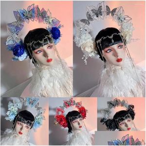 Hair Accessories Women Cosplay Flower Mesh Alloy Rhinestone Headwear Headdress Chinese National Ancient Costume Wedding Head Wear Ac Dhuzr