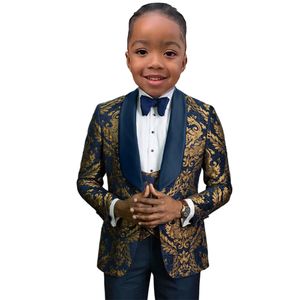 Altın Çiçek Baskılı Boy'un Blazer Yelek Pantolonu Dahil 3 Parça Takım Seti Doğum Günü Resmi Dress Gruer Erkekler Akıllı Moda Smokin Kids Giyim 3T'den 14t'ye kadar