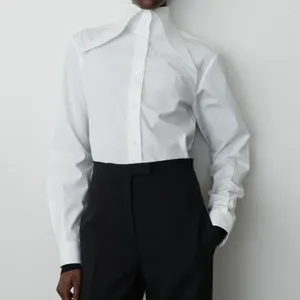 Damenblusen 2023 Frühling/Sommer, minimalistischer Stil, weißes Damenhemd, spitzer Ausschnitt, lange Ärmel, einreihig