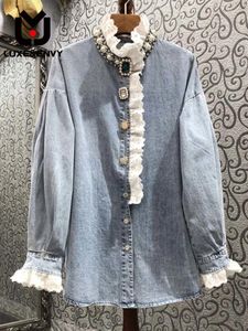 Kadın bluzları lüksyenvy şaşırtıcı kıdemli tırnak boncuk dantel eklenmiş denim gömlek bahar sonbahar