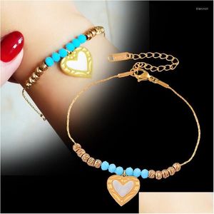 Zincir Bağlantı Bilezikler Leeker 316L Paslanmaz Çelik Kabuk Kalp Kolye Kadınlar için Altın Renk Mavi Top Moda Mücevher Aksesuarları 535 LK DHSIY