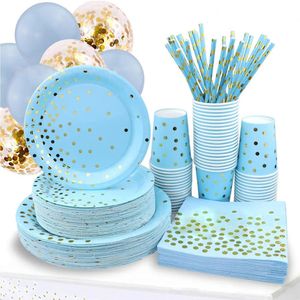 Blue Gold Dot Party Supplies Disposable Dinnerware Paper Plate Napkin Cup Tablecloth for Birthday Wedding party decoration 231220