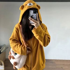 Erkek Hoodies Sweatshirts Deeptown Kawaii Zip Up Hoodie büyük boyutlu Japon kız ibil tarzı sevimli ayı tatlı lolita işlemeli üstler 231219