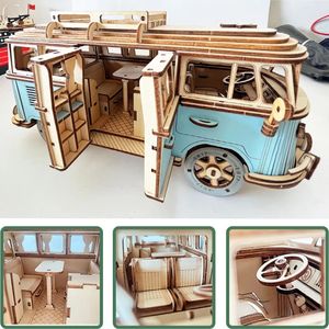 3D Bulmacalar Retro Otobüs Avrupa Style Campervan ahşap araba bulmaca diy yelken gemisi uçak bina evi modeli oyuncaklar çocuklar için 231219