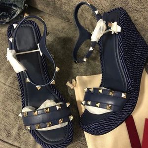 Famous Brand Women Stud Sandals Shoes Calf Leather Espadrille Wedges Party Dress Lady Sandalias EU35-43 With Box