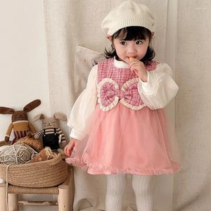Giyim setleri 2023 Koreli Koreli Kış Kış Bebek Kız Elbise Tshirt 2pcs Takım Bebek Kokulu Bow Sleevless Peluş Velvet Sıcak Fanil