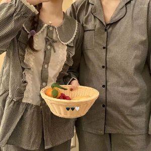 Kadın pijama tatlı dantel patchwork ekose çift siyah kadın erkek pijama setleri sonbahar bahar pamuk ev kıyafetleri pantolon s471