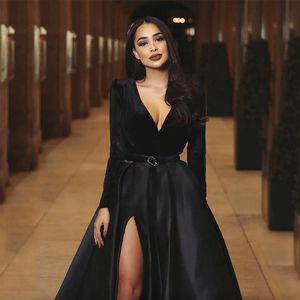 2023 yeni moda seksi derin v boyun siyah gece elbise uzun kollu yüksek yan bölünmüş özel gün elbise resmi elbise gece elbisesi
