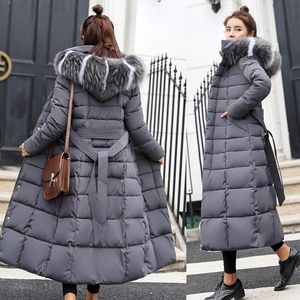 2023 зимняя куртка женская теплая мода с бантом на поясе с меховым воротником пальто длинное платье толщиной 231220