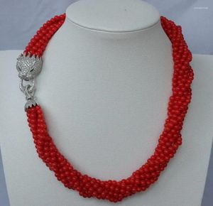 Zincir mücevher moda 8 strands kırmızı yuvarlak mercan boncukları zirkon leopar/çita tokası ile kolye