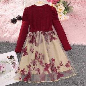 Kız Elbiseleri 6-12 yıl Bahar Sonbahar Kızlar Elbise Örgü Top Patchwork Büyük Çiçek İşlemeli Dantel Dantel Prenses Elbiseler Çocuklar İçin