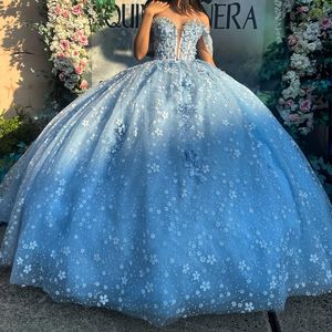 Sky Mavi Glitter Omuz Balyosu Koyu quinceanera Elbiseler Tatlı 16 Prenses Aplike Dantel Boncuklar Prom Gowns Vestidos De 15 Anos