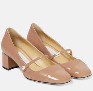 Sonbahar Lüks Kadınlar Elbise Pompası Elisa 45mm Patent Deri Pompalar Düşük Topuk Mary Ayakkabı İnci Sizli Kayış Blok Topuklu Tasarımcı Ayakkabı